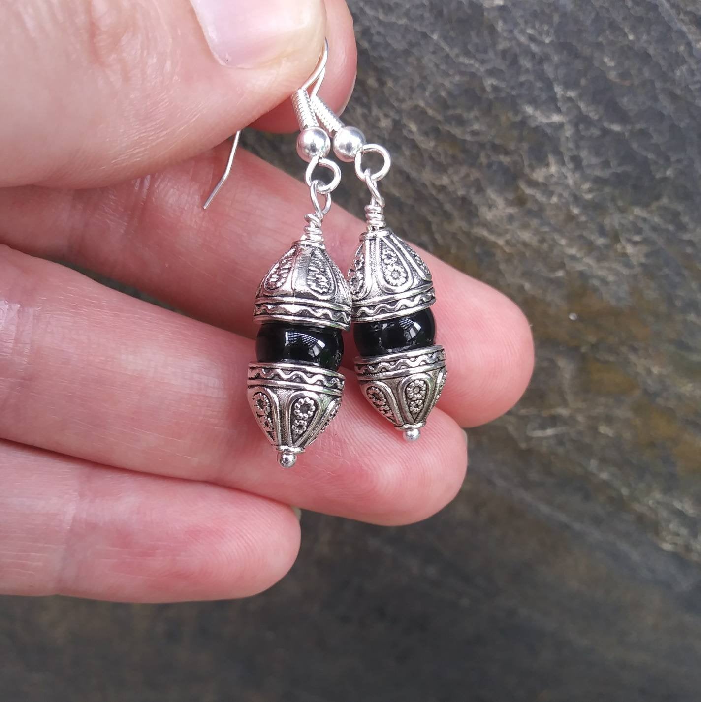 Medieval Gothic Cathedrals Black Onyx Dangle Earrings