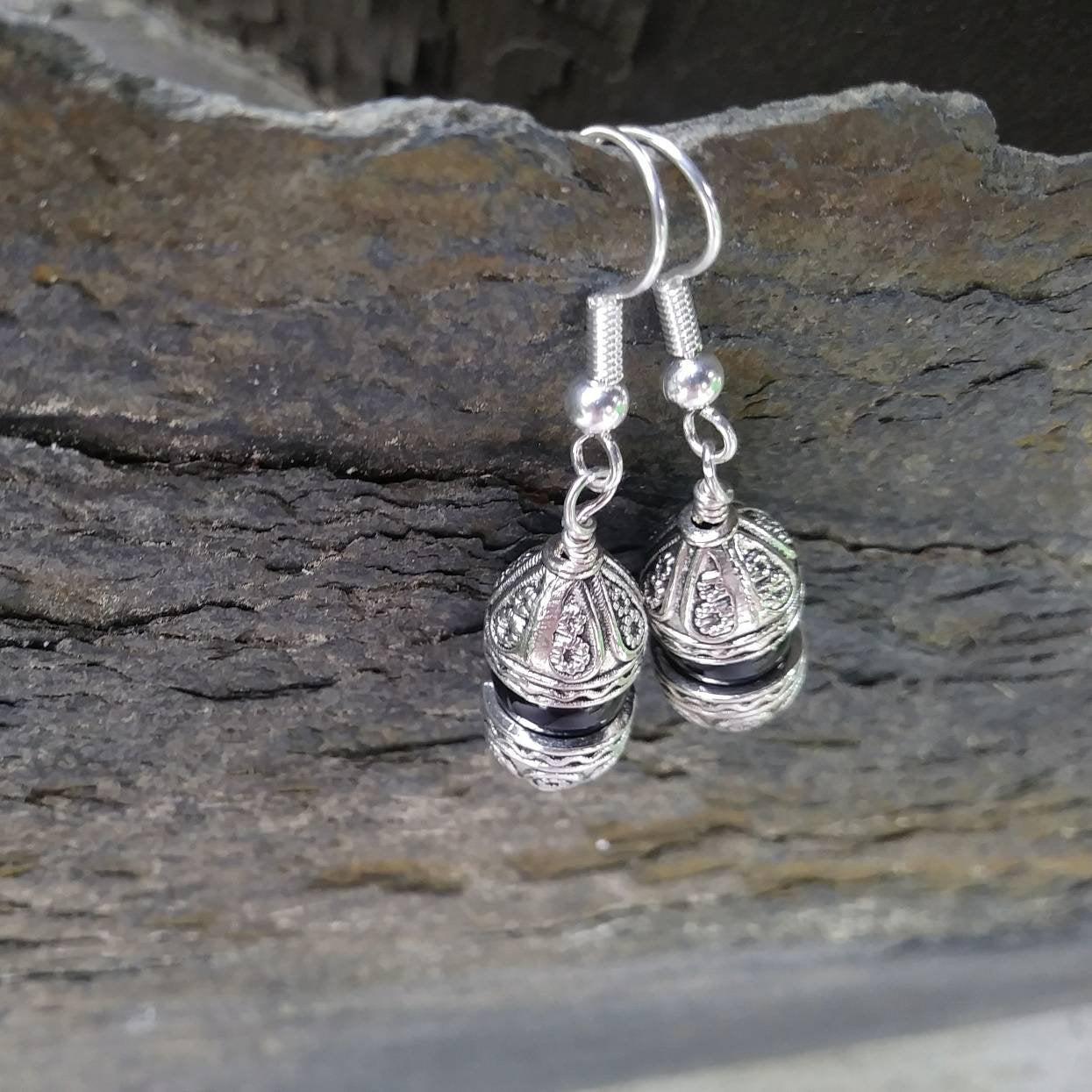 Medieval Gothic Cathedrals Black Onyx Dangle Earrings