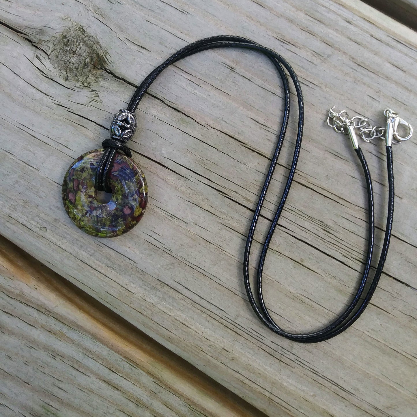 30mm Dragon Blood Jasper Stone Donut on black waxed cotton cord