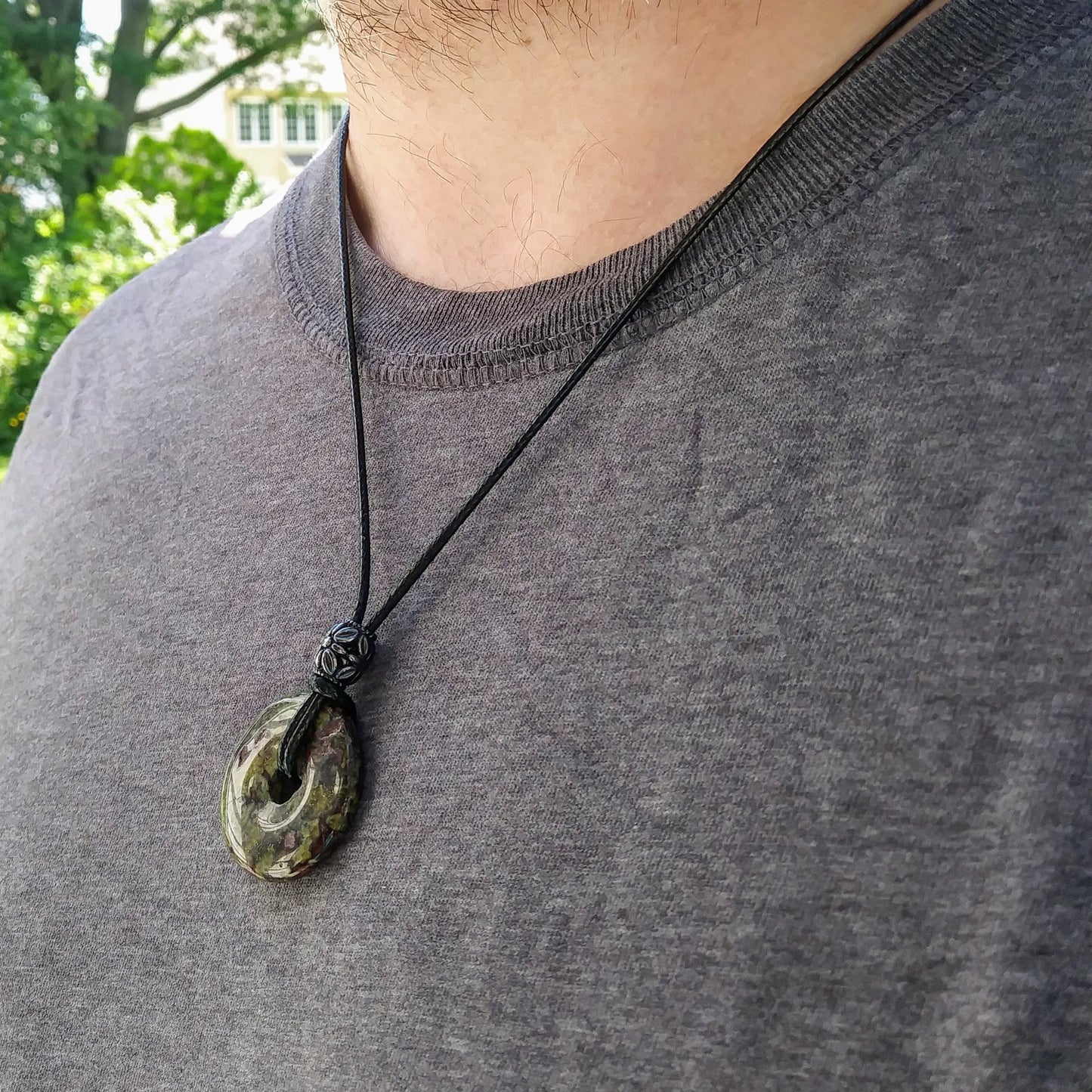 30mm Dragon Blood Jasper Stone Donut on black waxed cotton cord