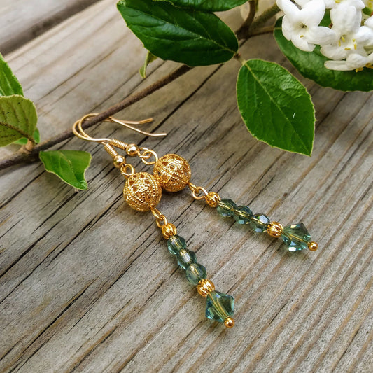 Light Green Austrian Crystal Dangle Earrings w Edwardian Gold Filigree