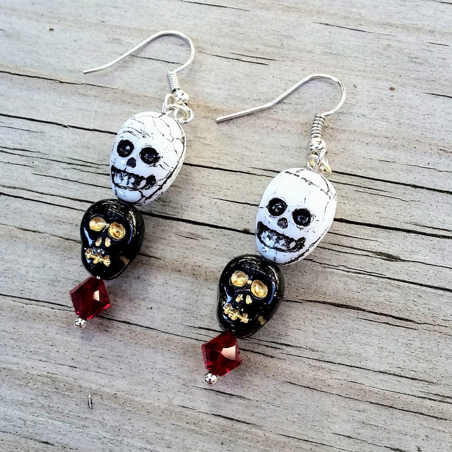 Black Skull White Skull Dangle Earrings with Red Austrian Crystals