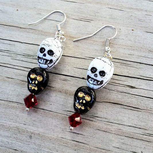 Black Skull White Skull Dangle Earrings with Red Austrian Crystals