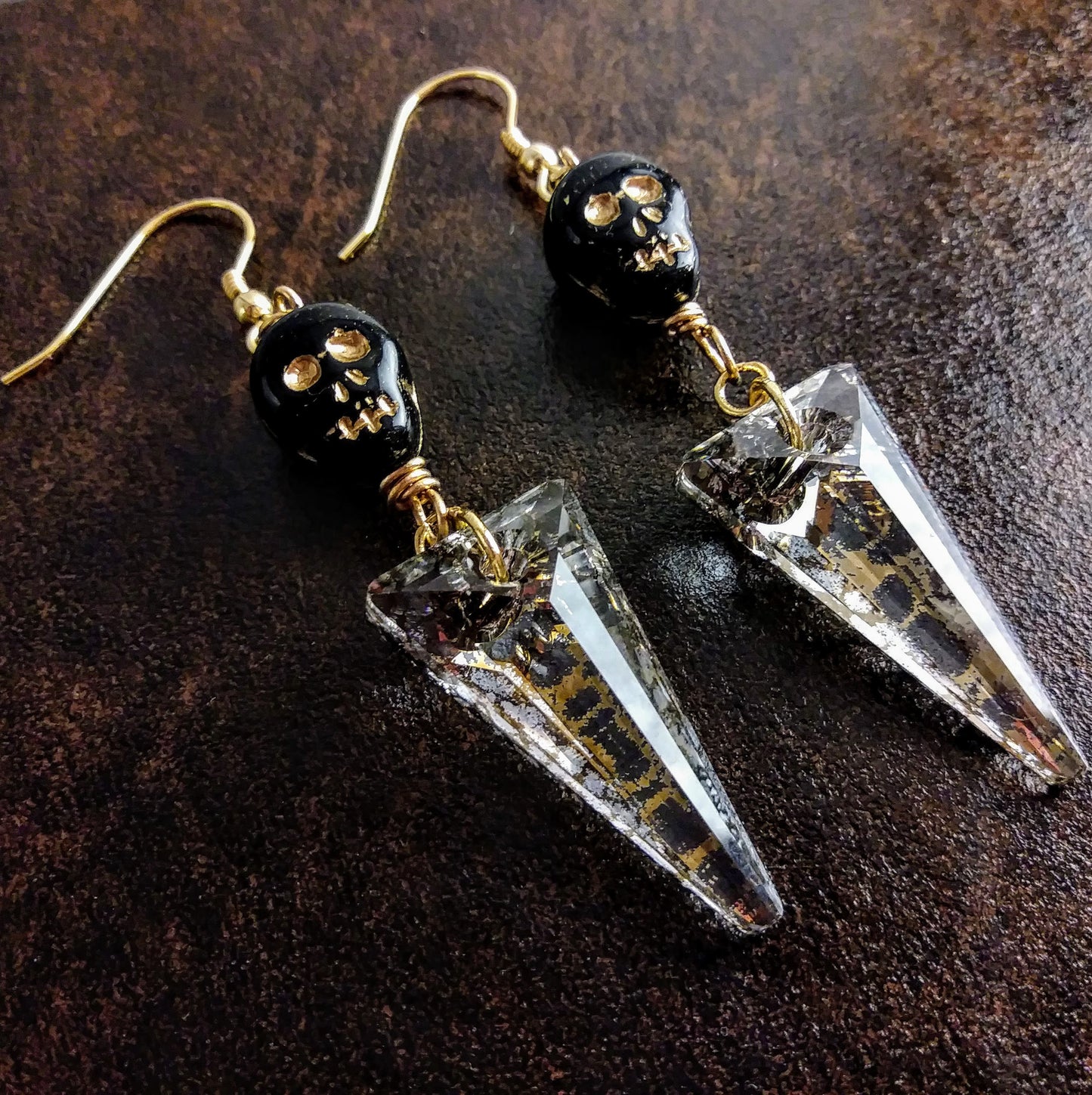 Large Austrian Crystal Spike & Black Skull Gold Statement Earrings