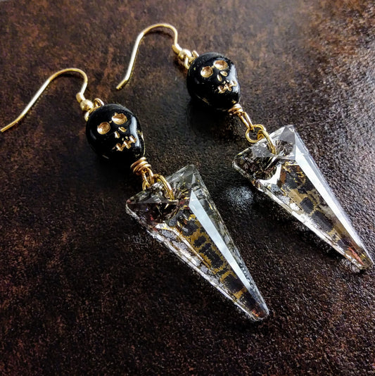 Large Austrian Crystal Spike & Black Skull Gold Statement Earrings