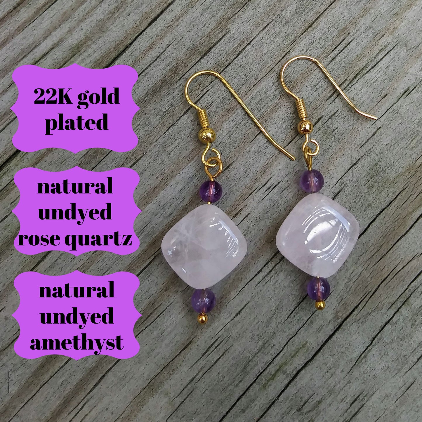 Rose Quartz Gold Dangle Earrings with Amethyst
