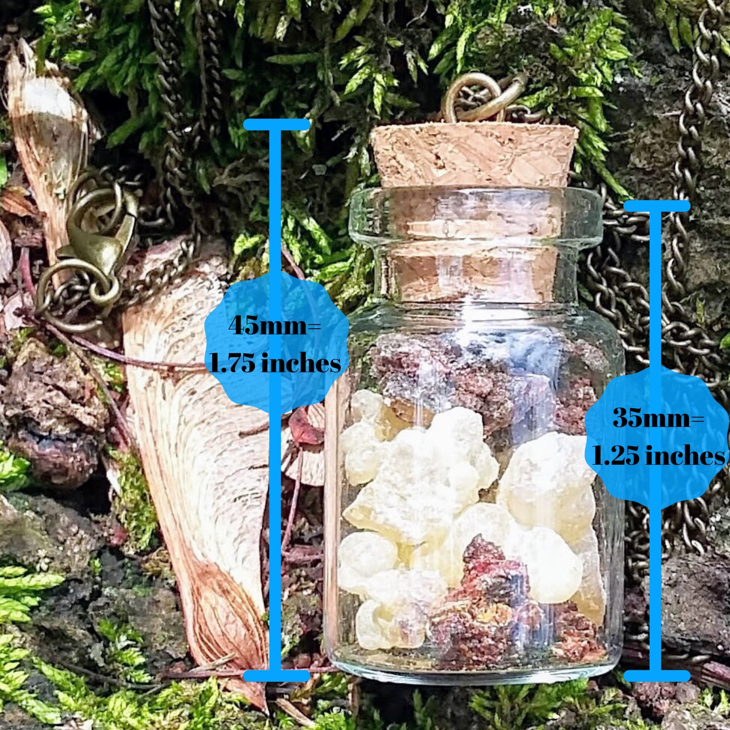 Bottle measurements: 1.75 inches to the top of the cork and 1.25 inches to the rim of the bottle