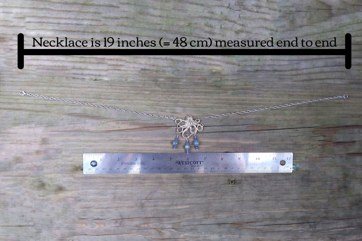 Ocean Blue Silver Kraken Octopus Necklace on Thick Silver Rope Chain