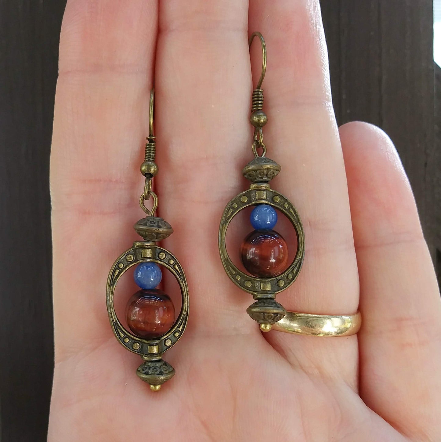 Red Tigers Eye Earrings w Natural Blue Aventurine Steampunk Hoop Earrings