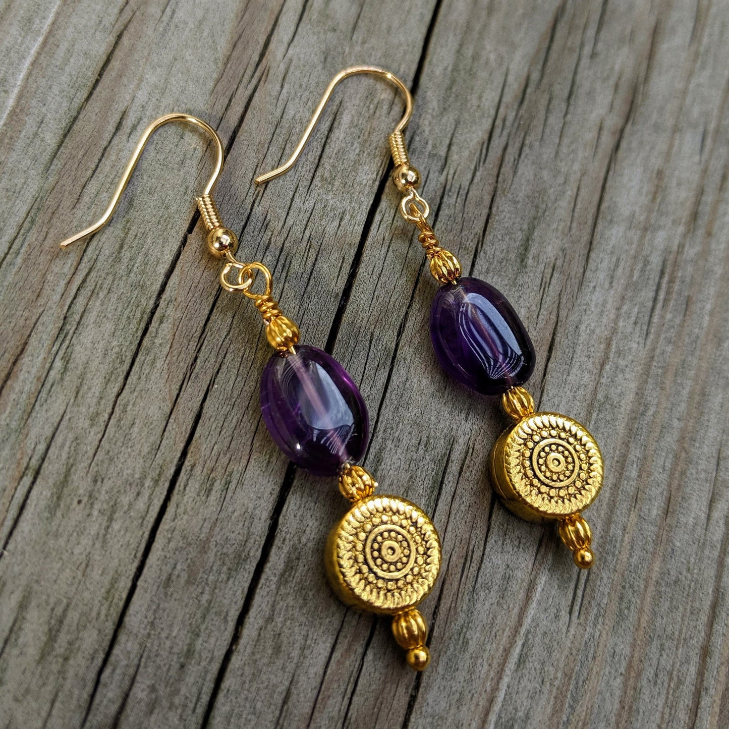 Gold Sunburst Amethyst Dangle Earrings