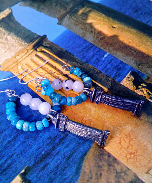 Aegean Blue Apatite & Tourmaline Quartz Hoop Earrings w Inviciti Pewter Columns