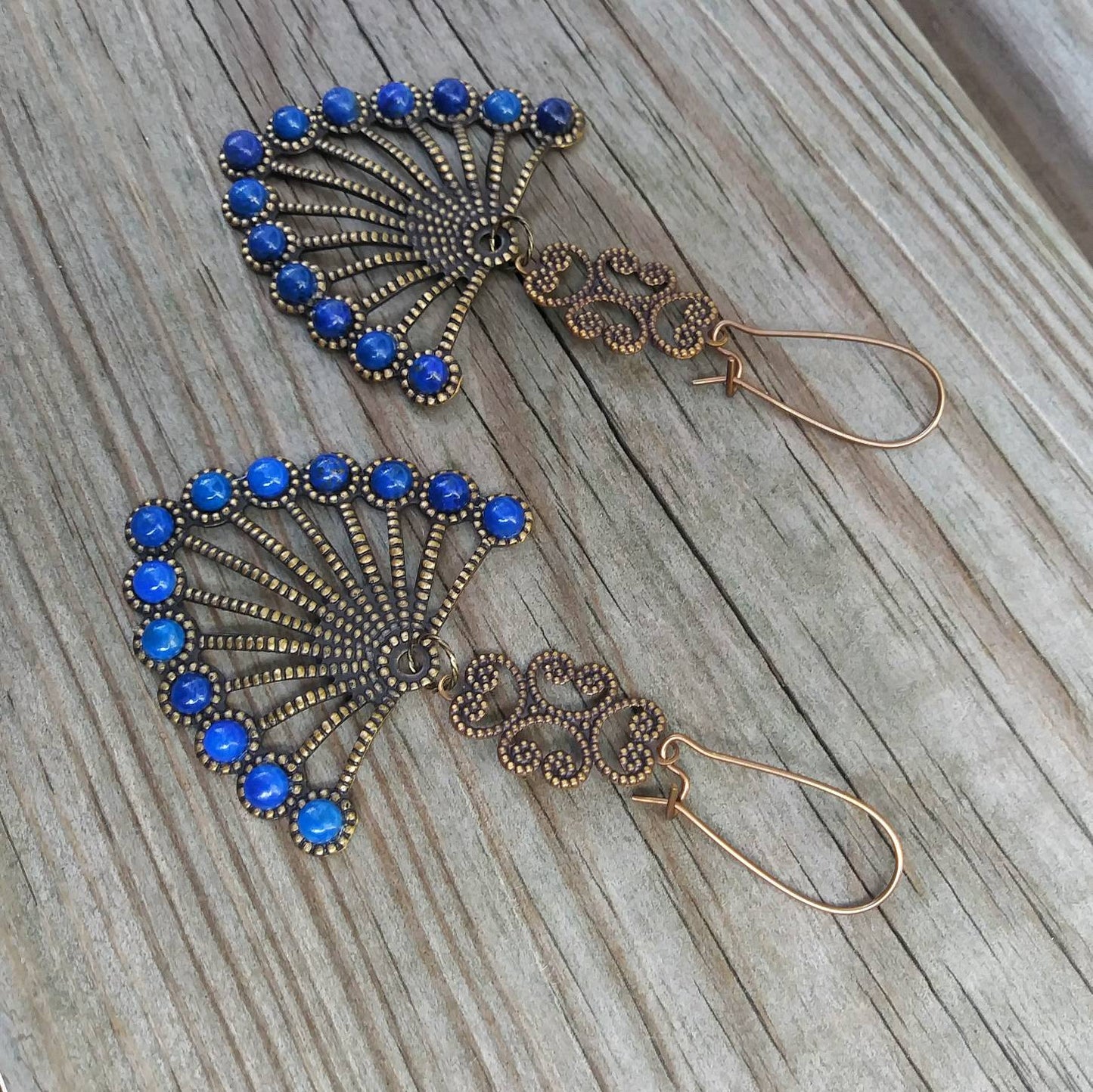 Etruscan Revival Lapis Lazuli Brass Fan Statement Earrings
