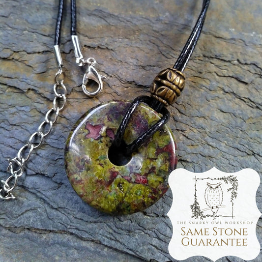 30mm Dragon Blood Jasper Stone Donut on black waxed cotton cord