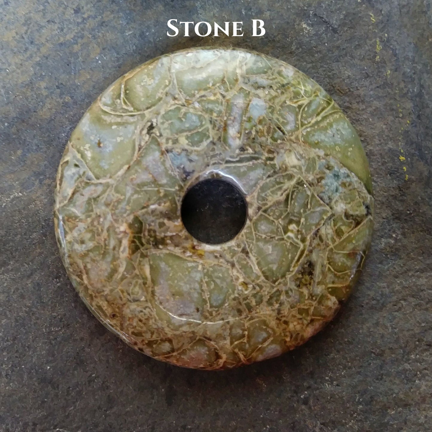 40mm Brecciated Green Jasper Stone Donut on black waxed cotton cord