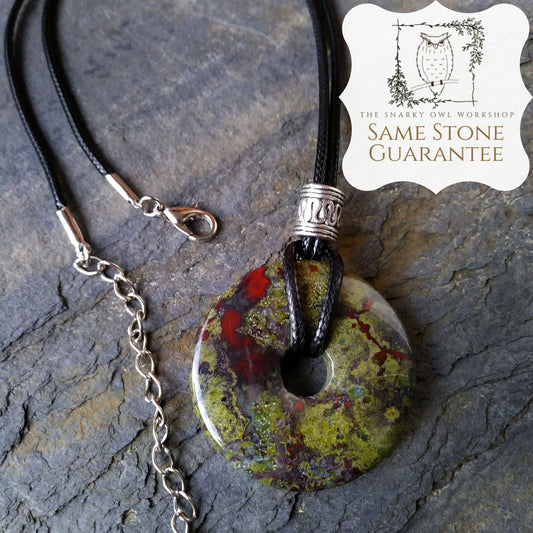 40mm Dragon Blood Jasper Stone Donut on black waxed cotton cord