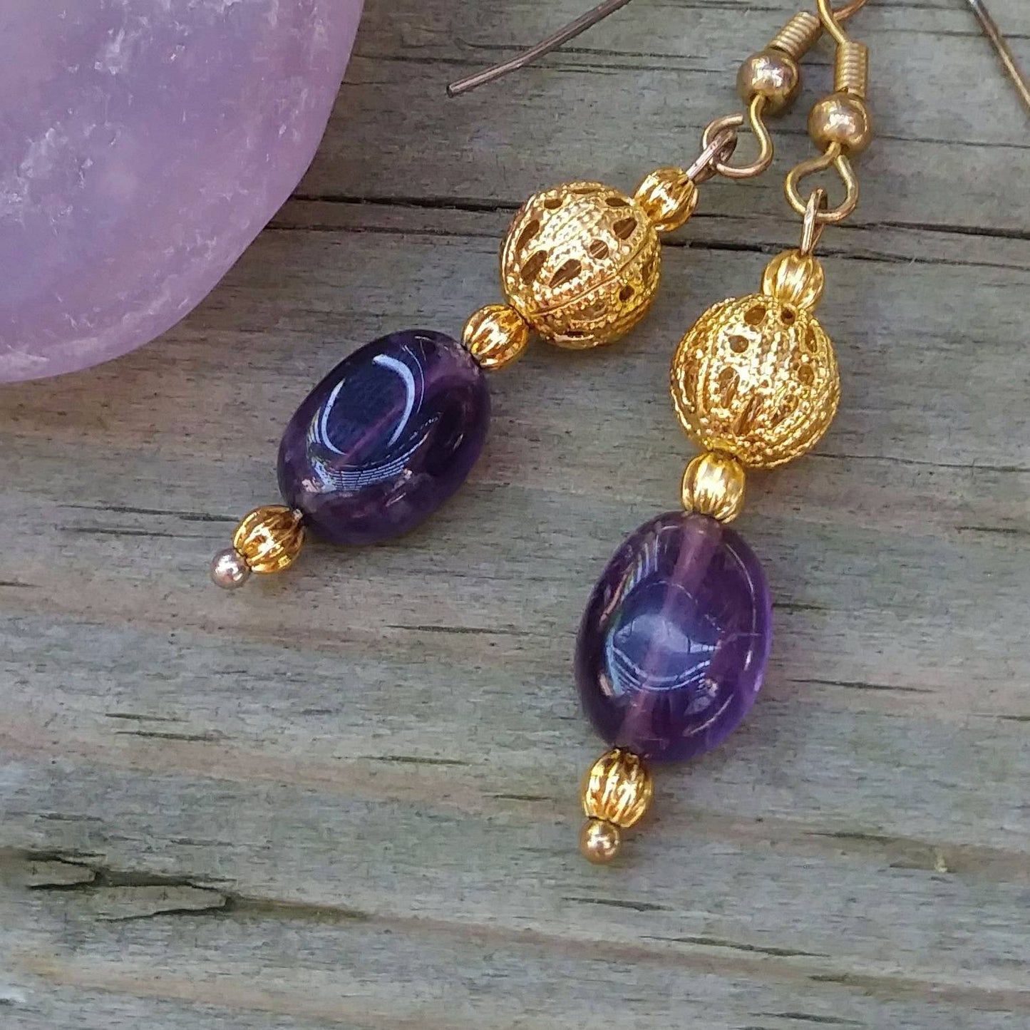 Deep Purple Amethyst & Edwardian Gold Filigree Dangle Earrings