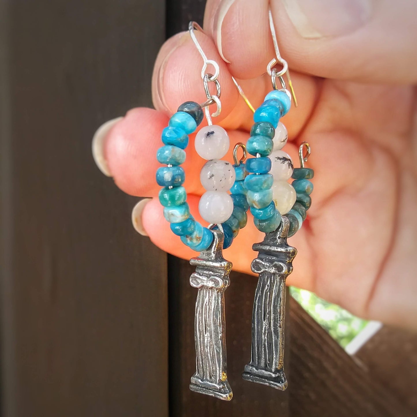 Aegean Blue Apatite & Tourmaline Quartz Hoop Earrings w Inviciti Pewter Columns