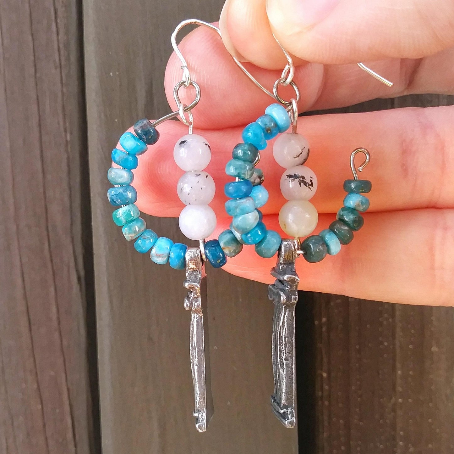 Aegean Blue Apatite & Tourmaline Quartz Hoop Earrings w Inviciti Pewter Columns