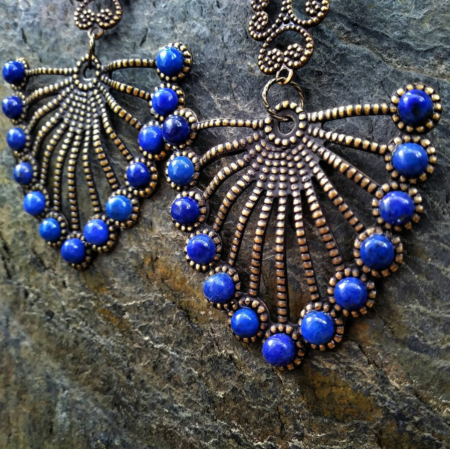 Etruscan Revival Lapis Lazuli Brass Fan Statement Earrings