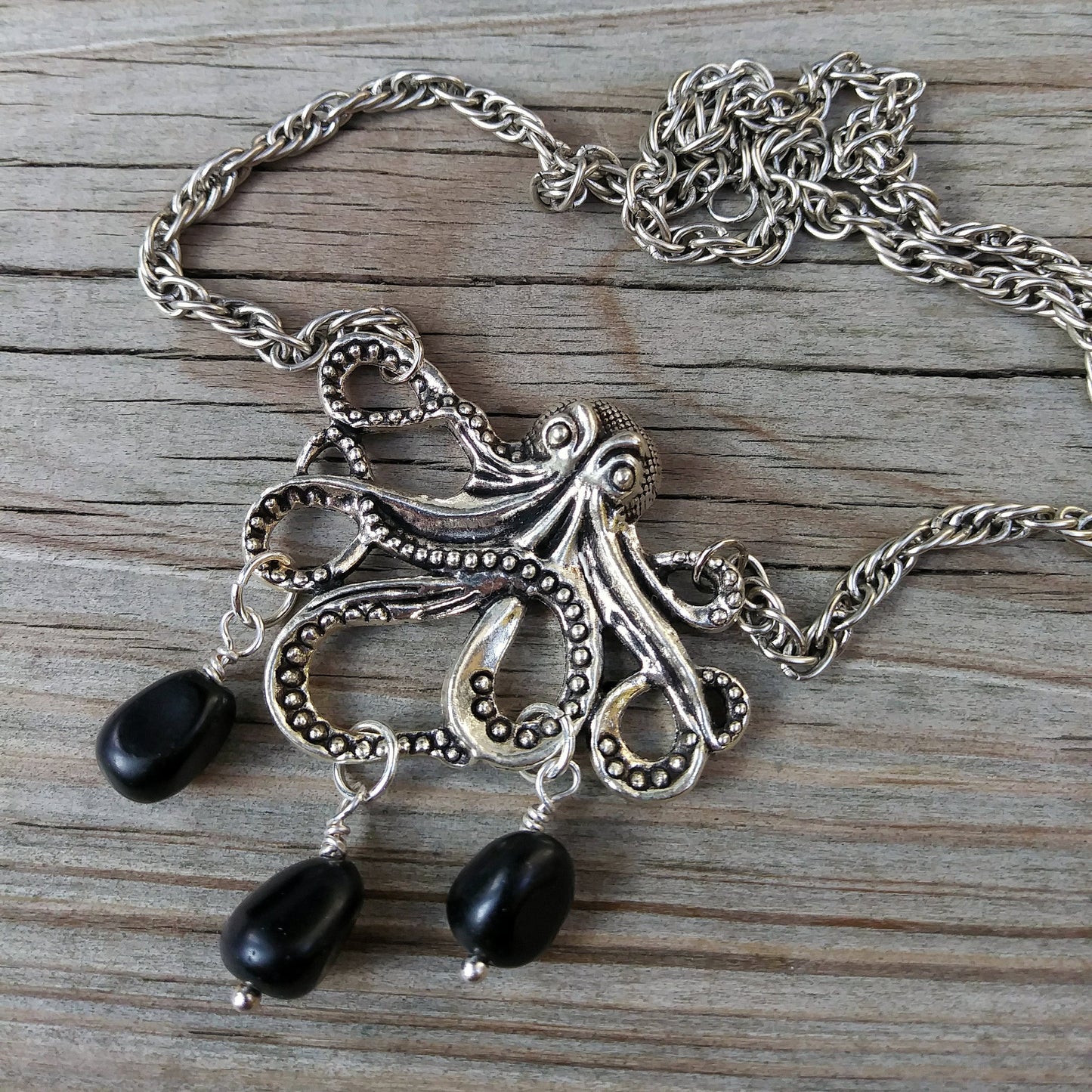 Black Obsidian Silver Kraken Octopus Necklace  on Thick Silver Rope Chain