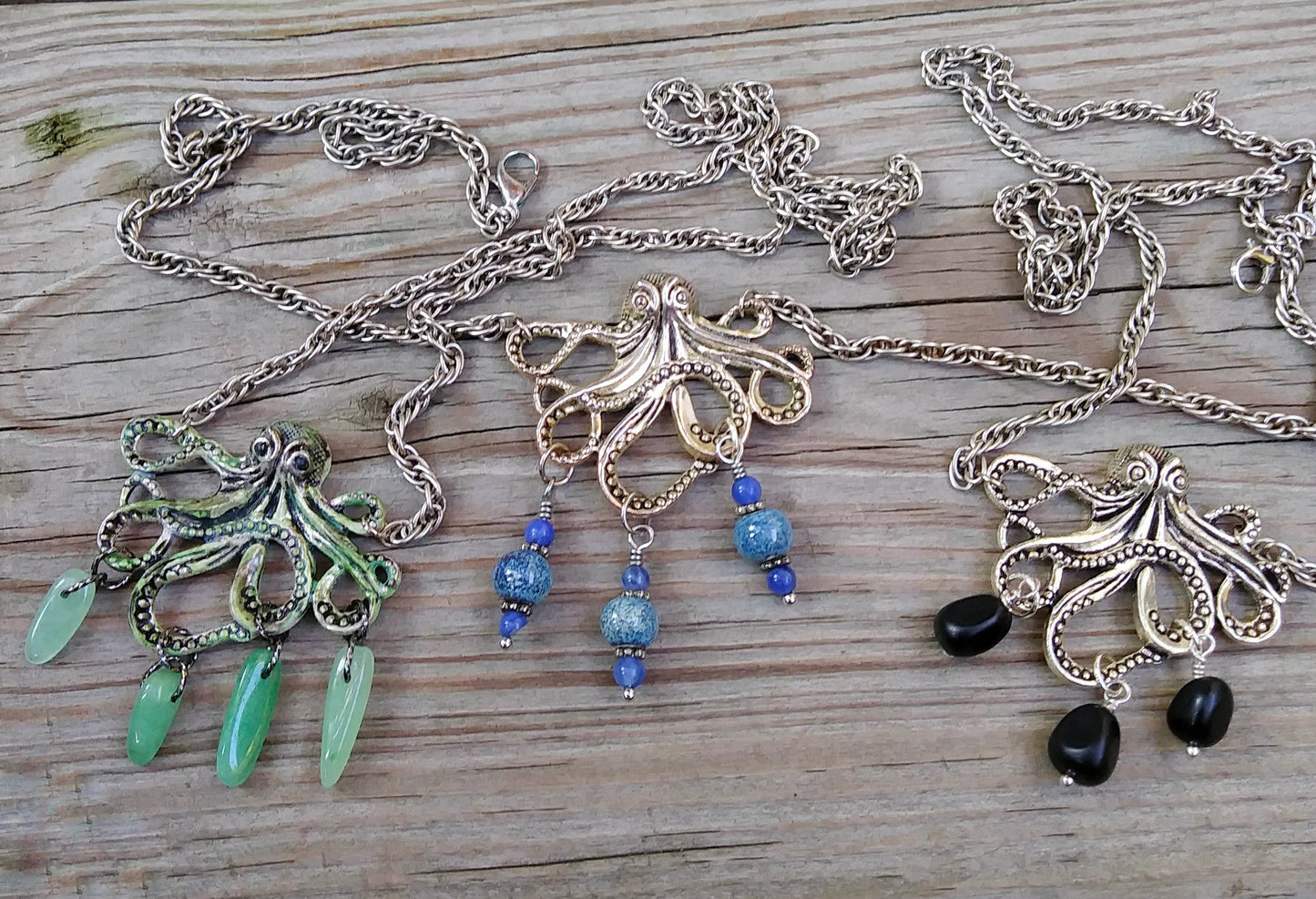 Black Obsidian Silver Kraken Octopus Necklace  on Thick Silver Rope Chain