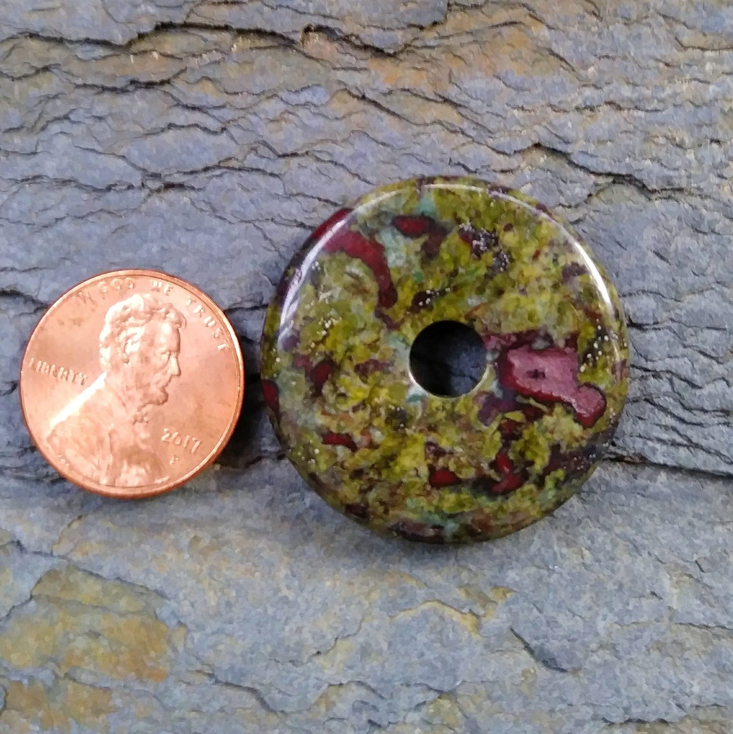 30mm Dragon Blood Jasper Stone Donut on black waxed cotton cord