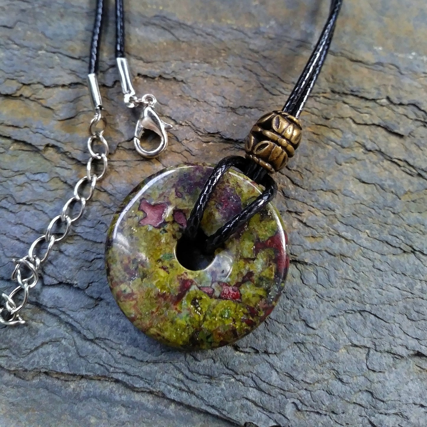 30mm Dragon Blood Jasper Stone Donut on black waxed cotton cord