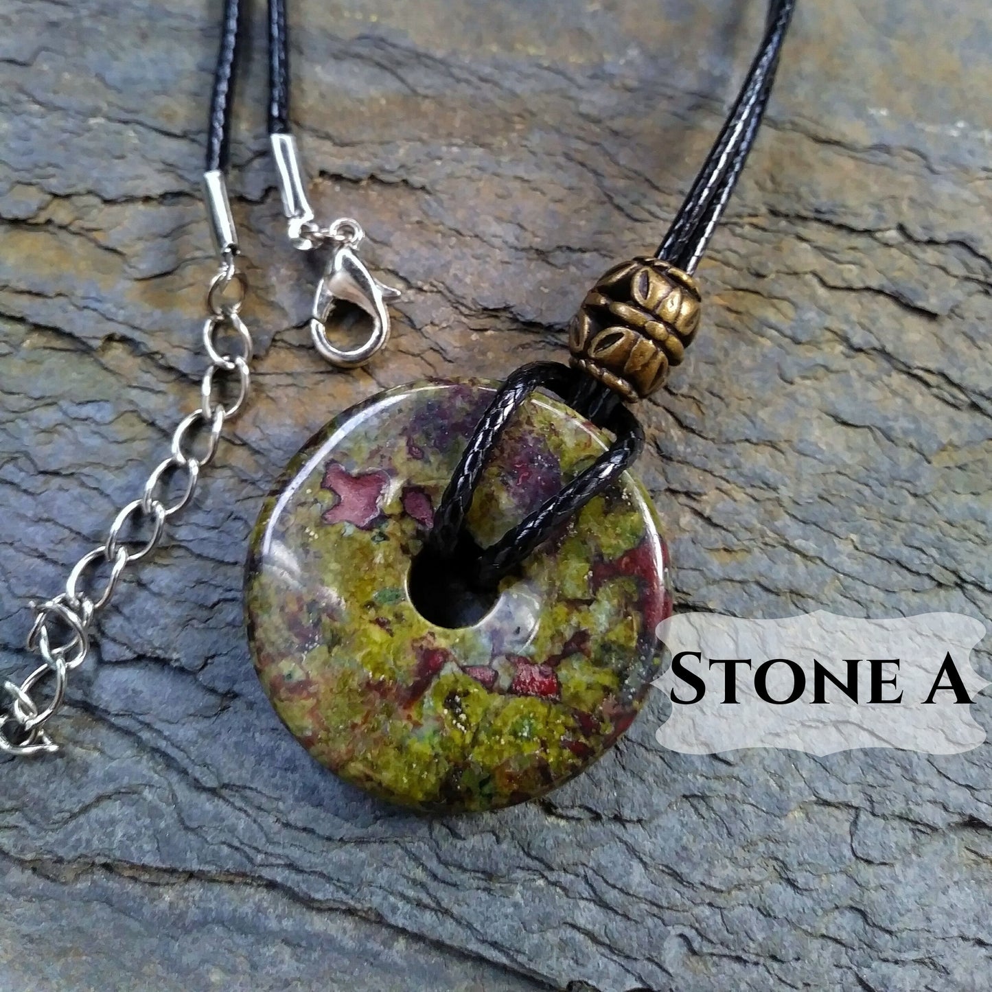 30mm Dragon Blood Jasper Stone Donut on black waxed cotton cord