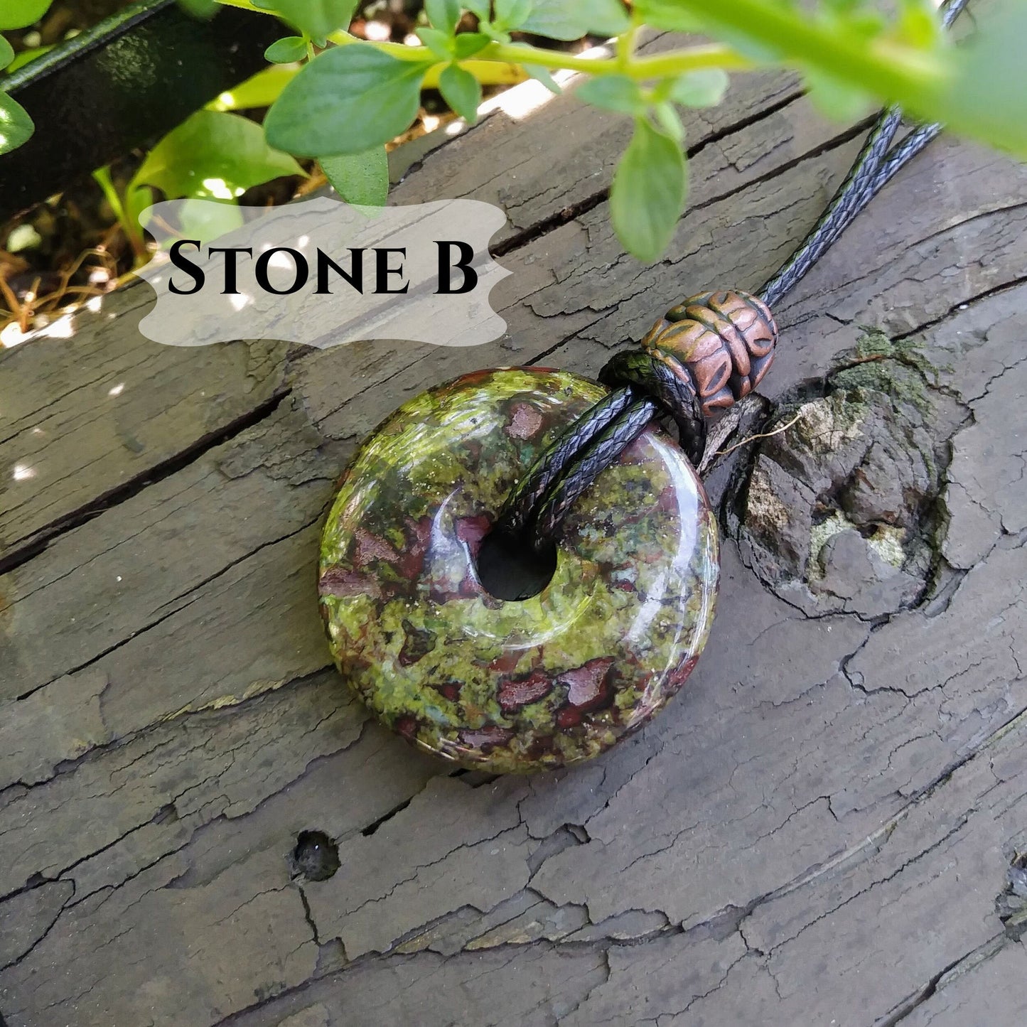 30mm Dragon Blood Jasper Stone Donut on black waxed cotton cord