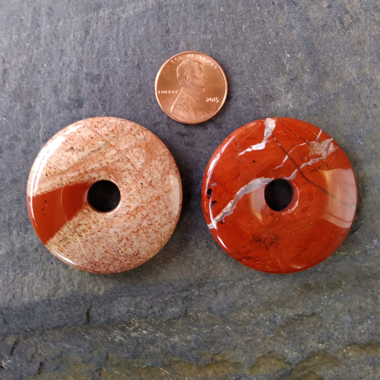 40mm White Lace Red Jasper Stone Donut on black waxed cotton cord