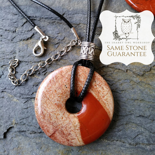 40mm White Lace Red Jasper Stone Donut on black waxed cotton cord