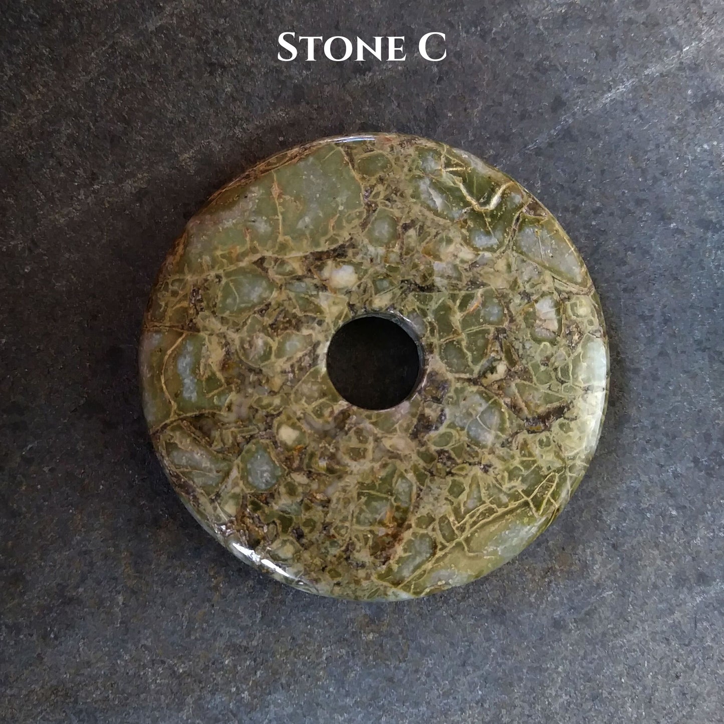 40mm Brecciated Green Jasper Stone Donut on black waxed cotton cord