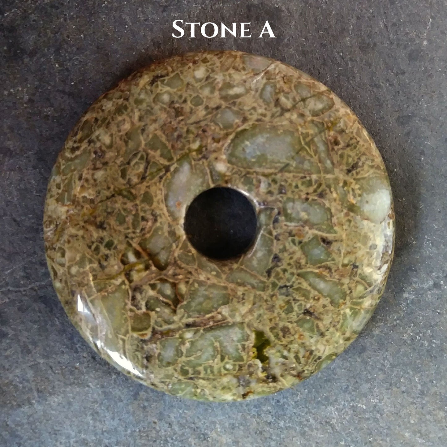 40mm Brecciated Green Jasper Stone Donut on black waxed cotton cord