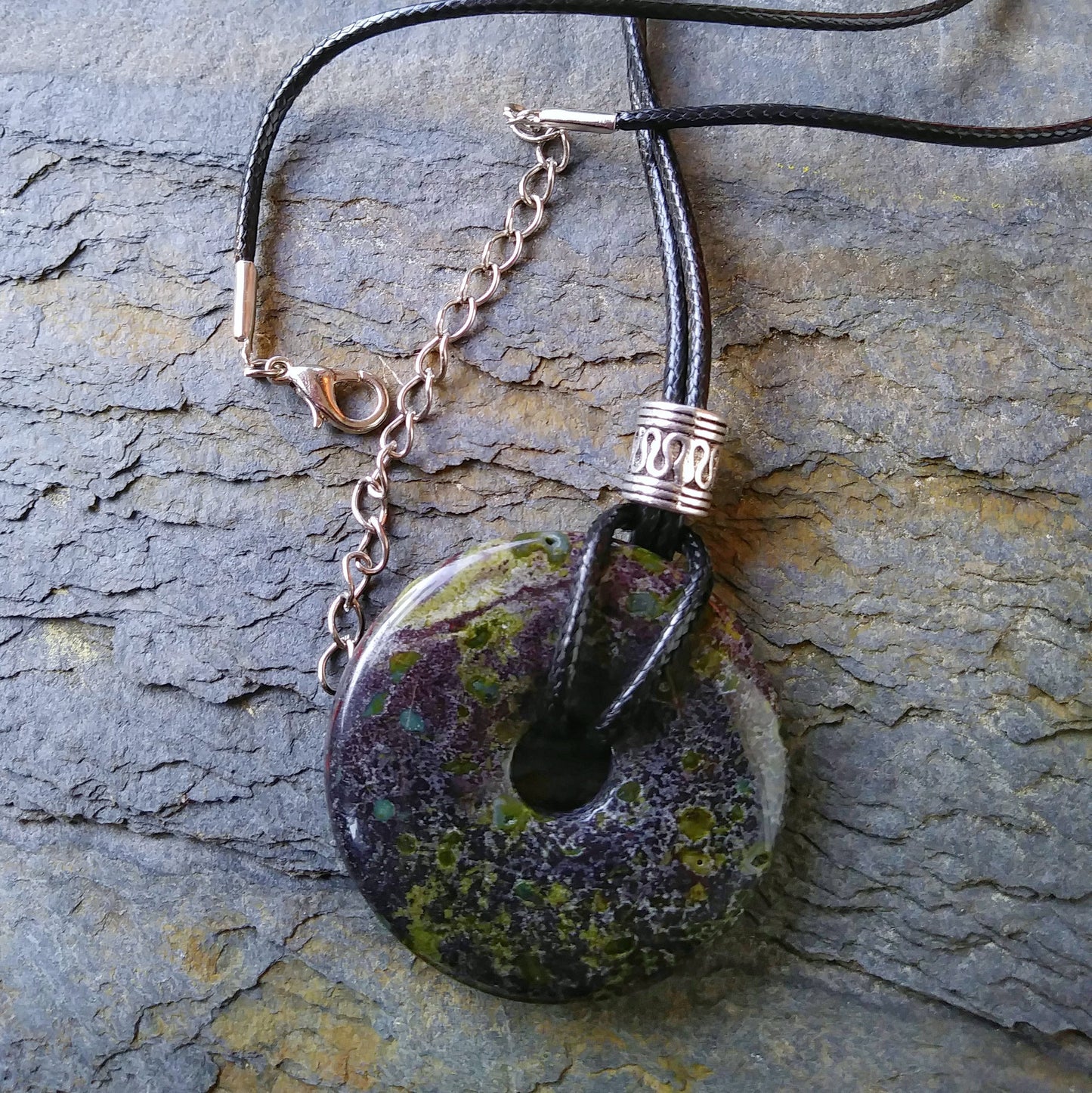 40mm Dragon Blood Jasper Stone Donut on black waxed cotton cord