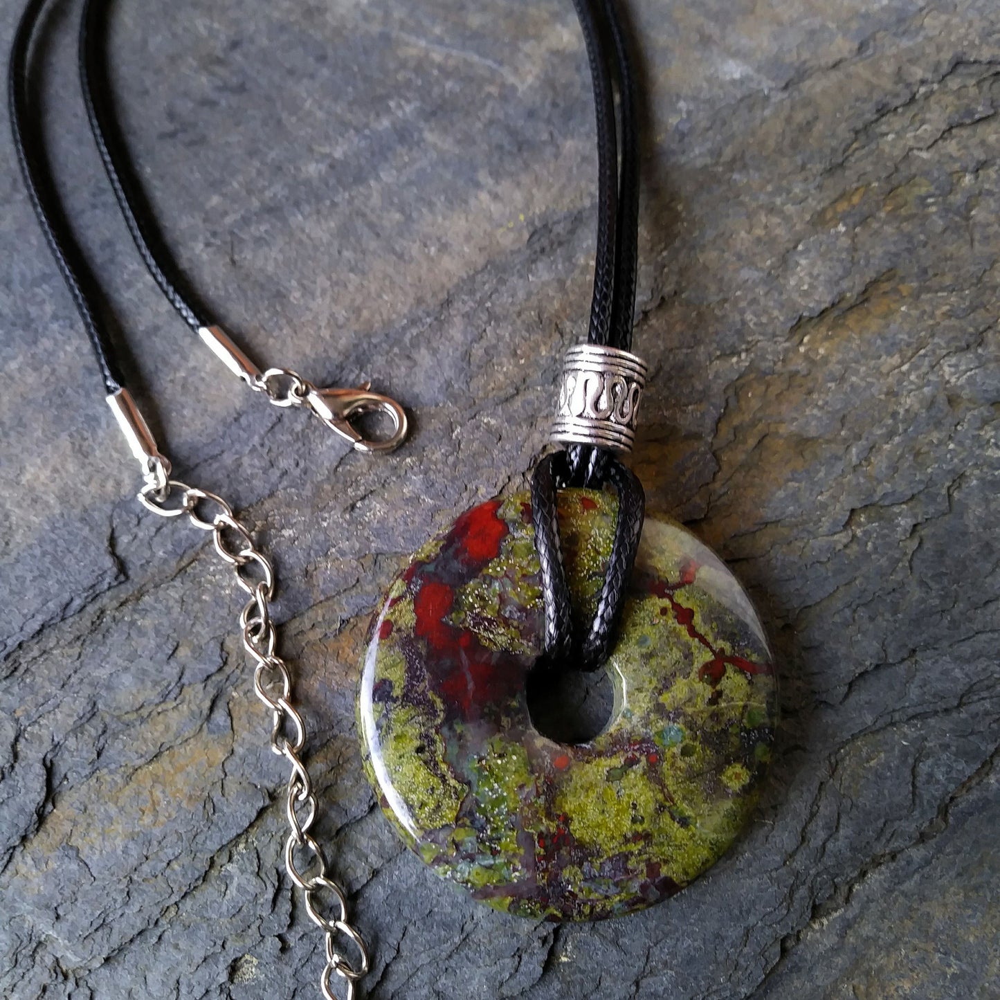 40mm Dragon Blood Jasper Stone Donut on black waxed cotton cord