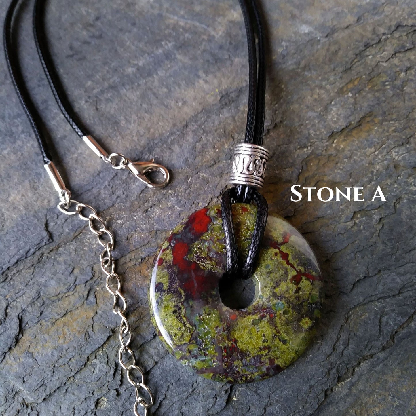40mm Dragon Blood Jasper Stone Donut on black waxed cotton cord