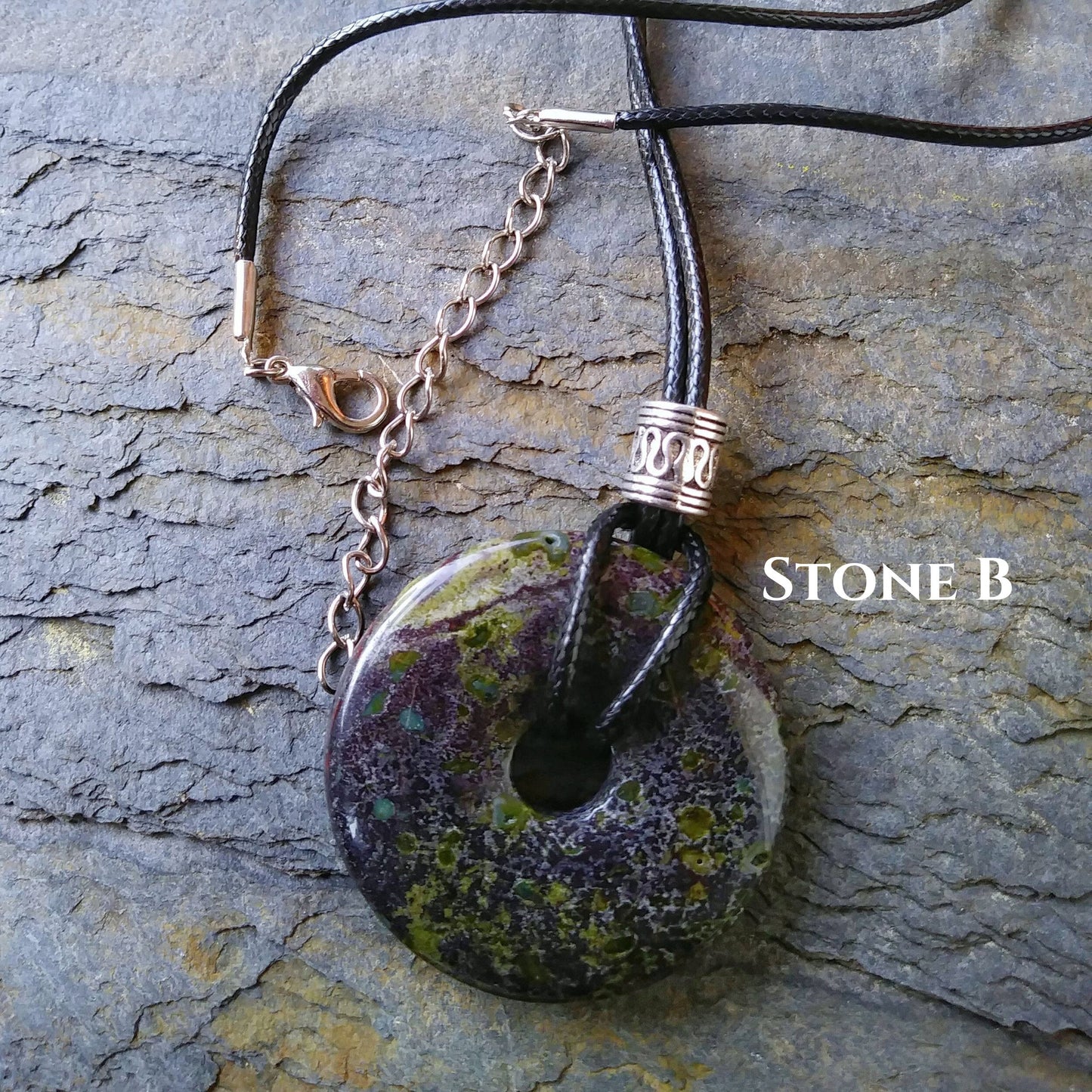 40mm Dragon Blood Jasper Stone Donut on black waxed cotton cord