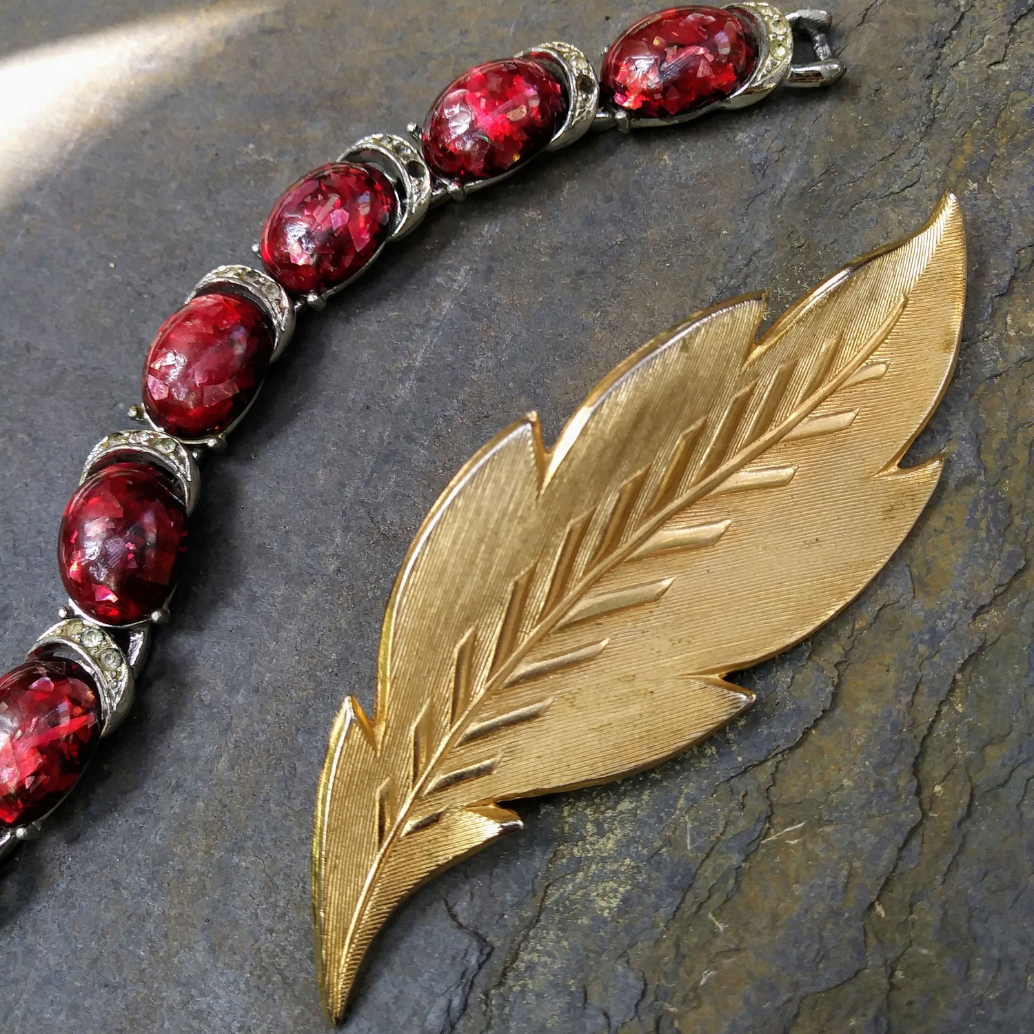 vintage red Coro bracelet, vintage goldtone leaf brooch