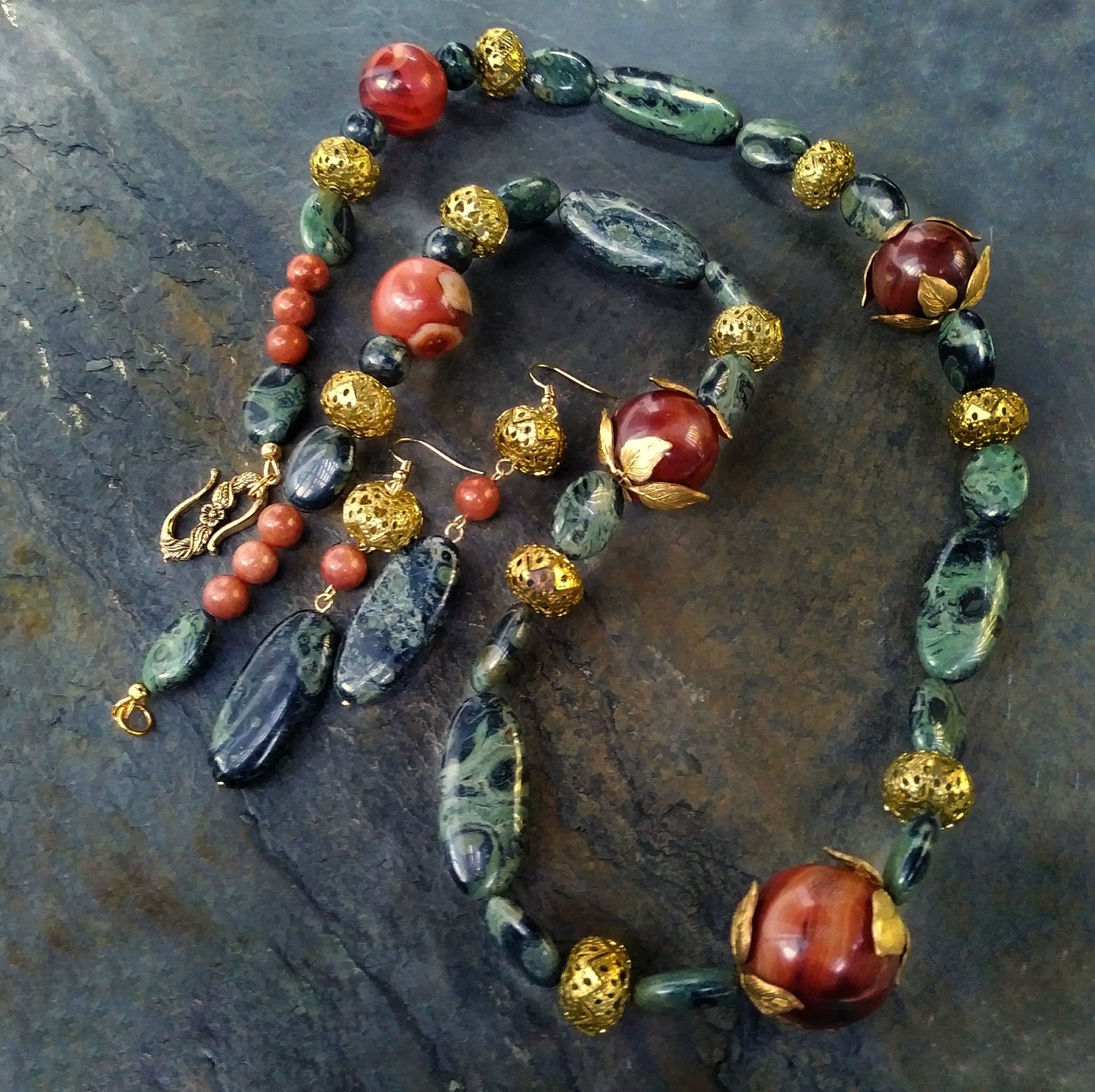 Art Nouveau Kambaba Jasper Upcycled Agate Necklace Earring Jewelry Set