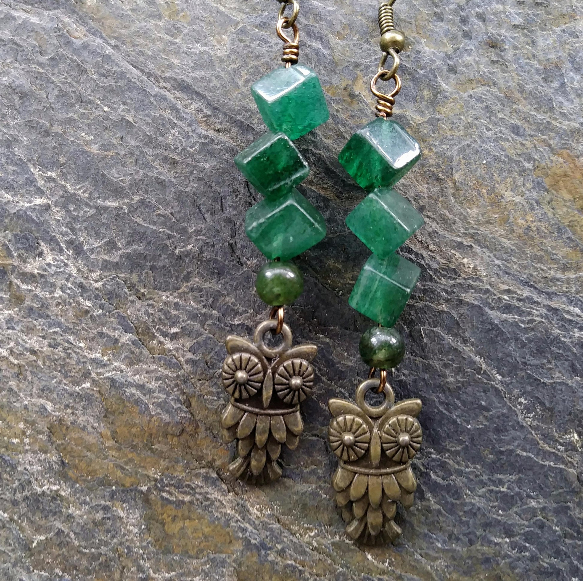 Forest Green Aventurine Owl Dangle Earrings