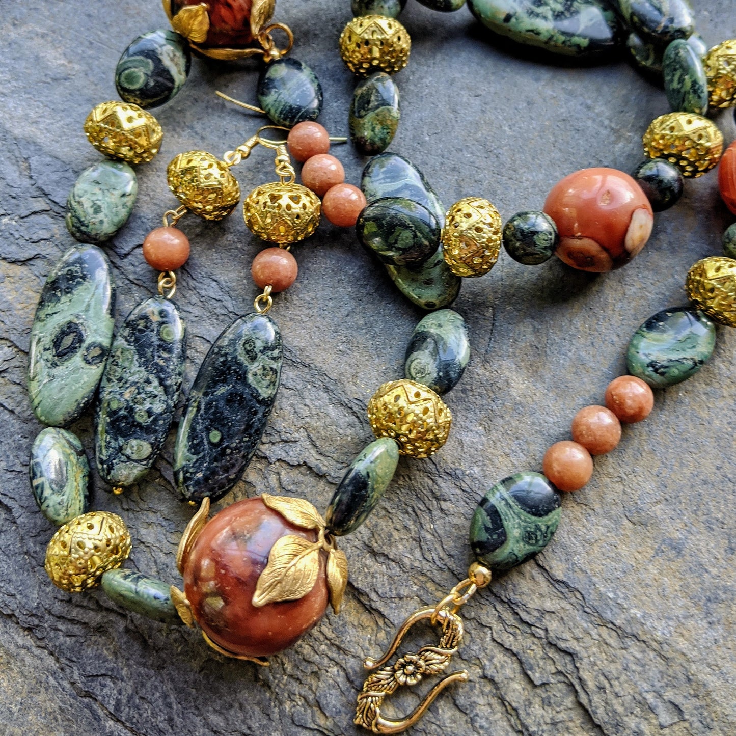 Art Nouveau Agate and Kambaba Jasper Necklace Set