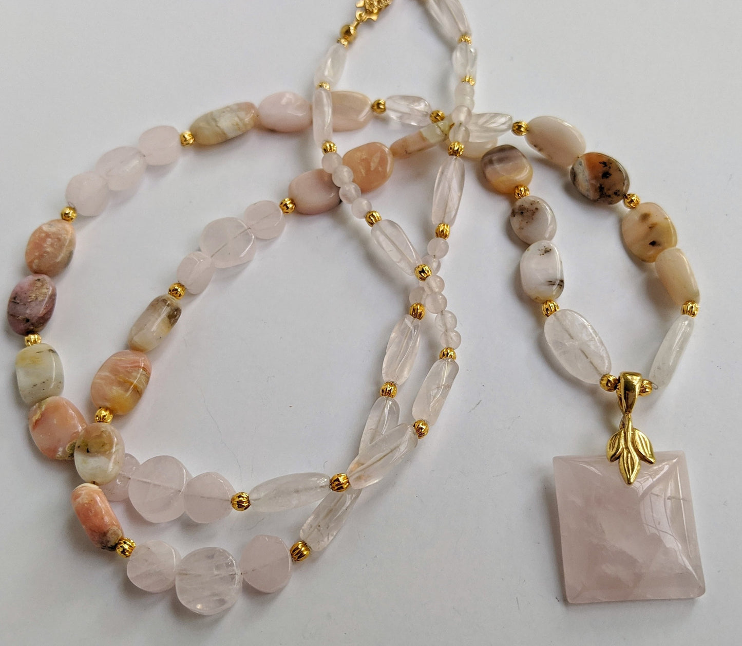 Natural gemstone beaded necklace: rose quartz, pink opals, gold accents