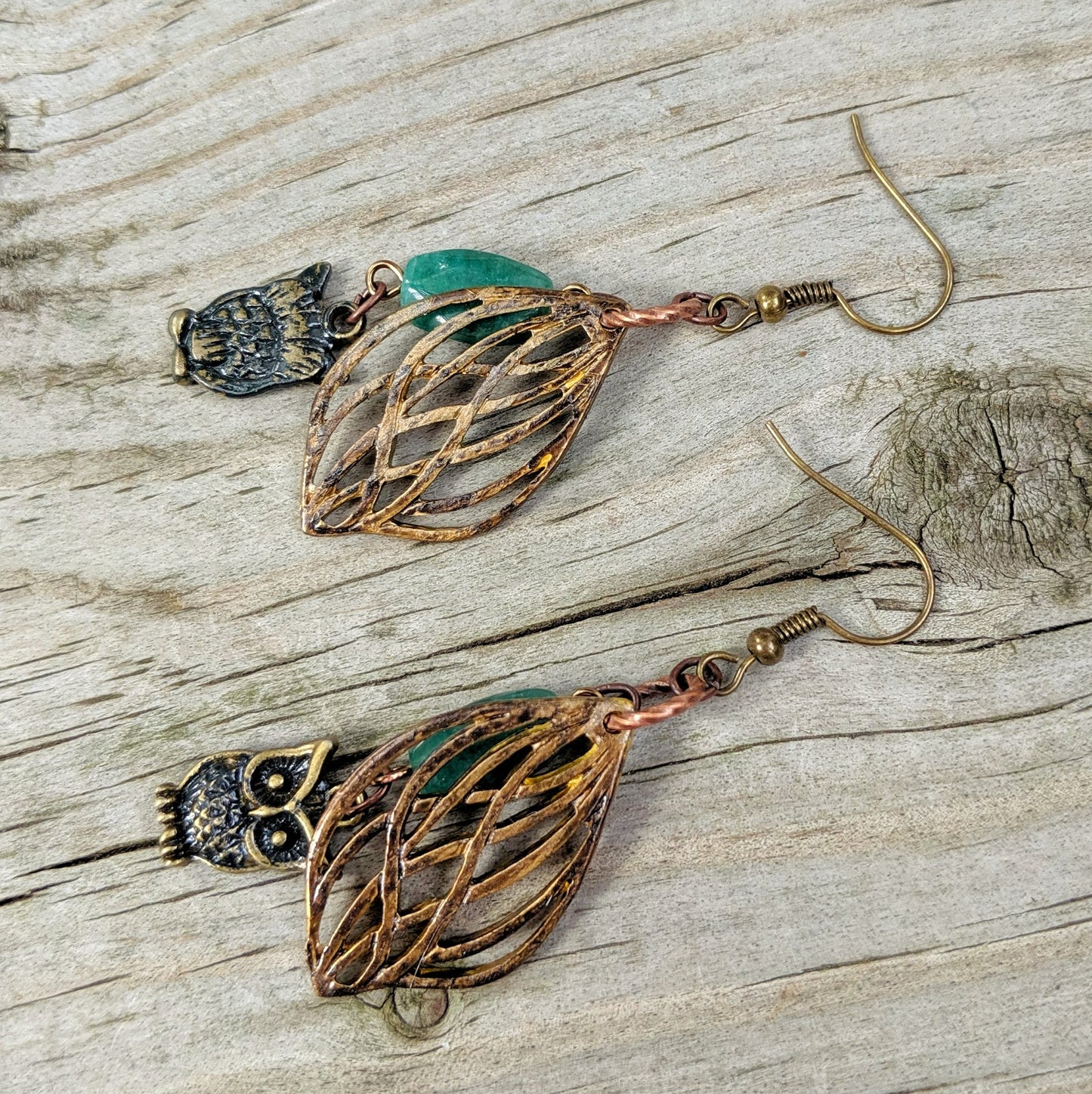 Owls in the Forest green aventurine earrings