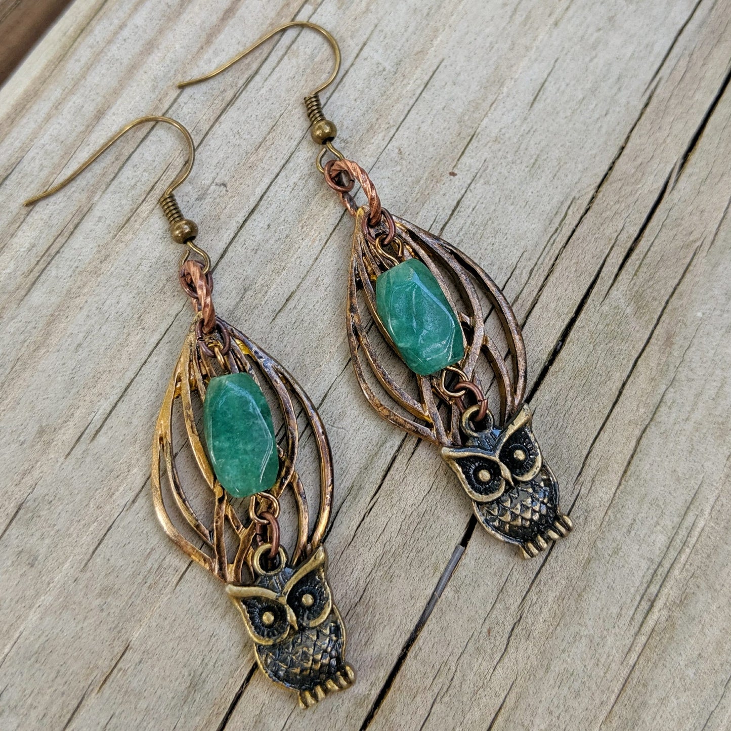 Owls in the Forest green aventurine earrings