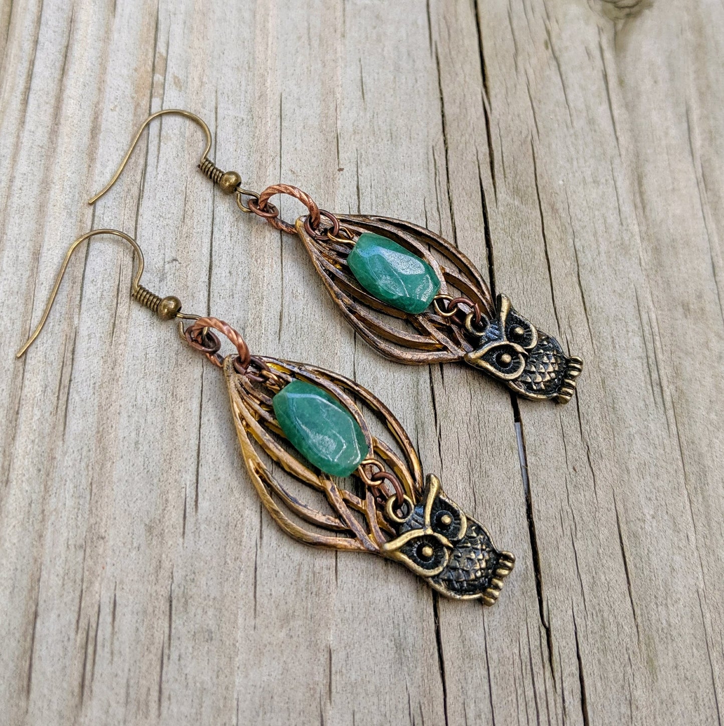 Owls in the Forest green aventurine earrings