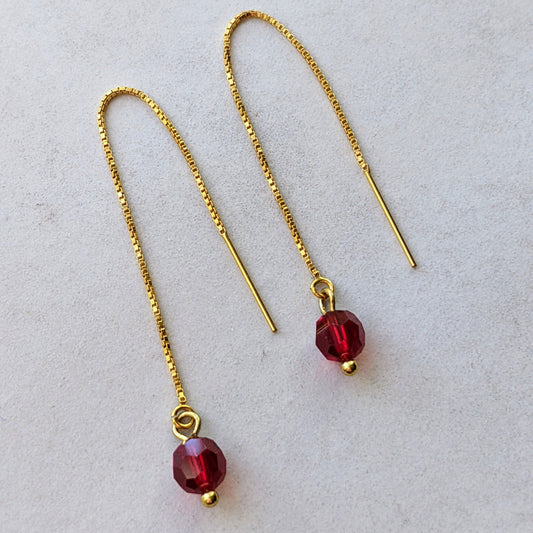 Red Austrian Crystal Threader Earrings - 14K Gold Filled Threads