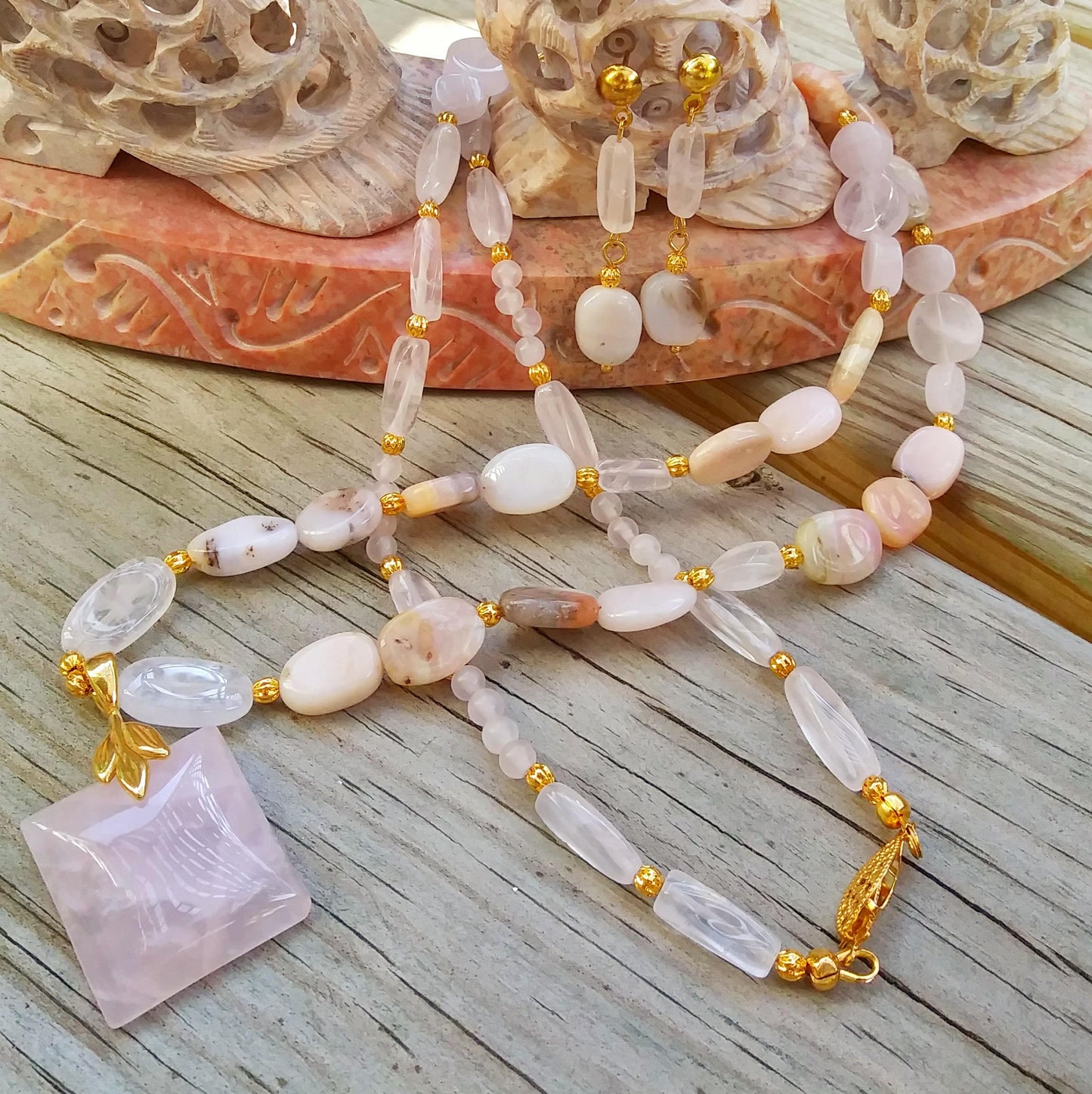 Pink Perfection Necklace Set: Rose Quartz & Natural Pink Opals