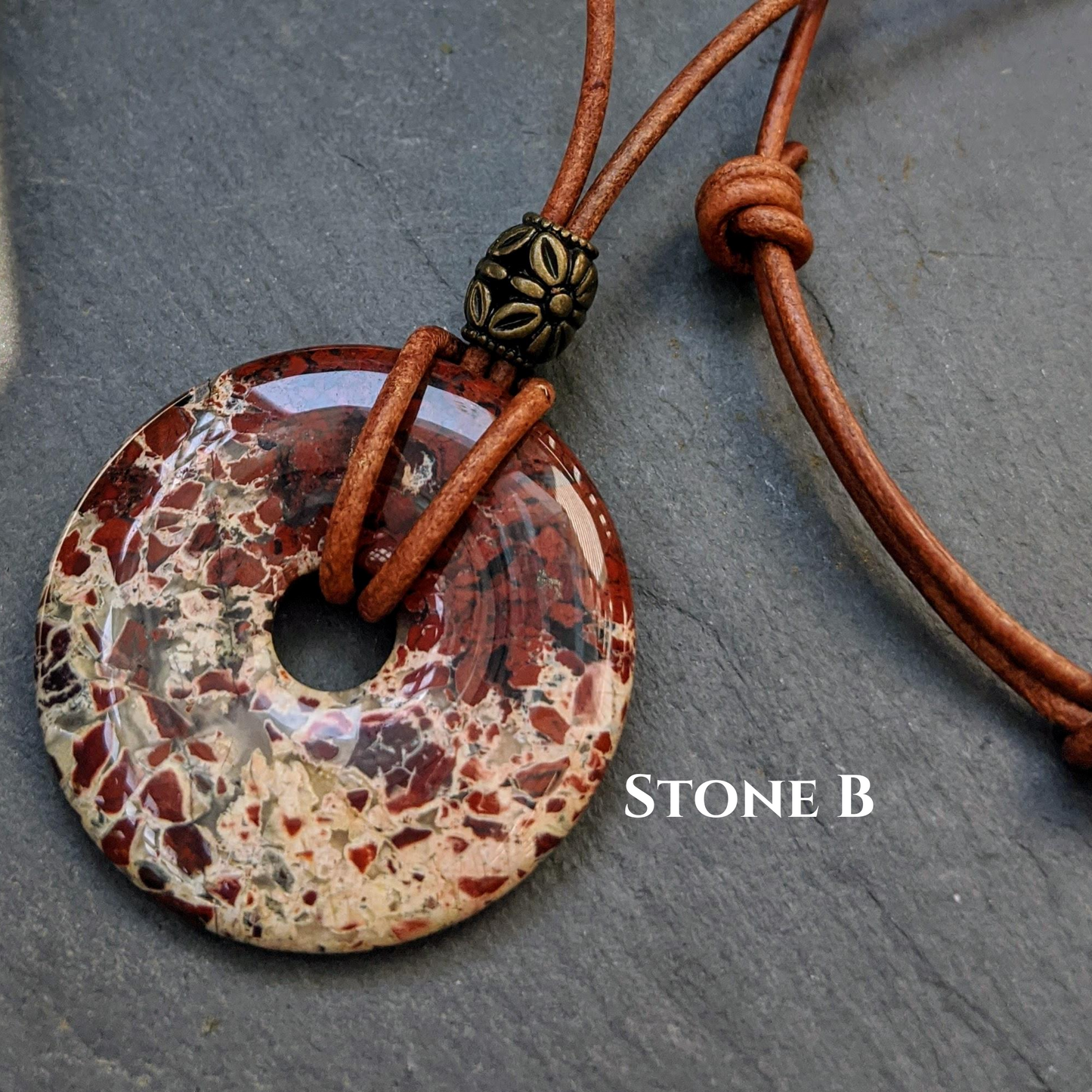 40mm Brecciated Red Jasper Stone Donut on sliding knot leather cord