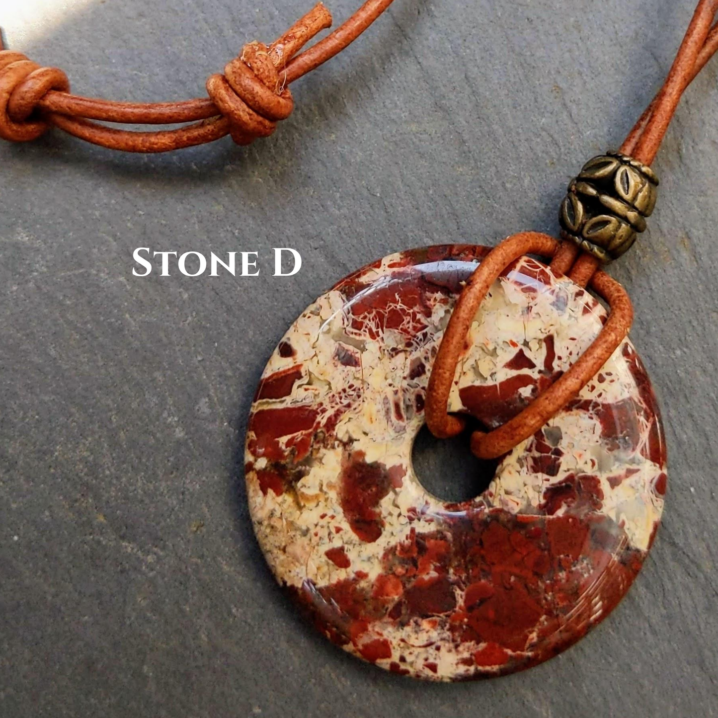 40mm Brecciated Red Jasper Stone Donut on sliding knot leather cord