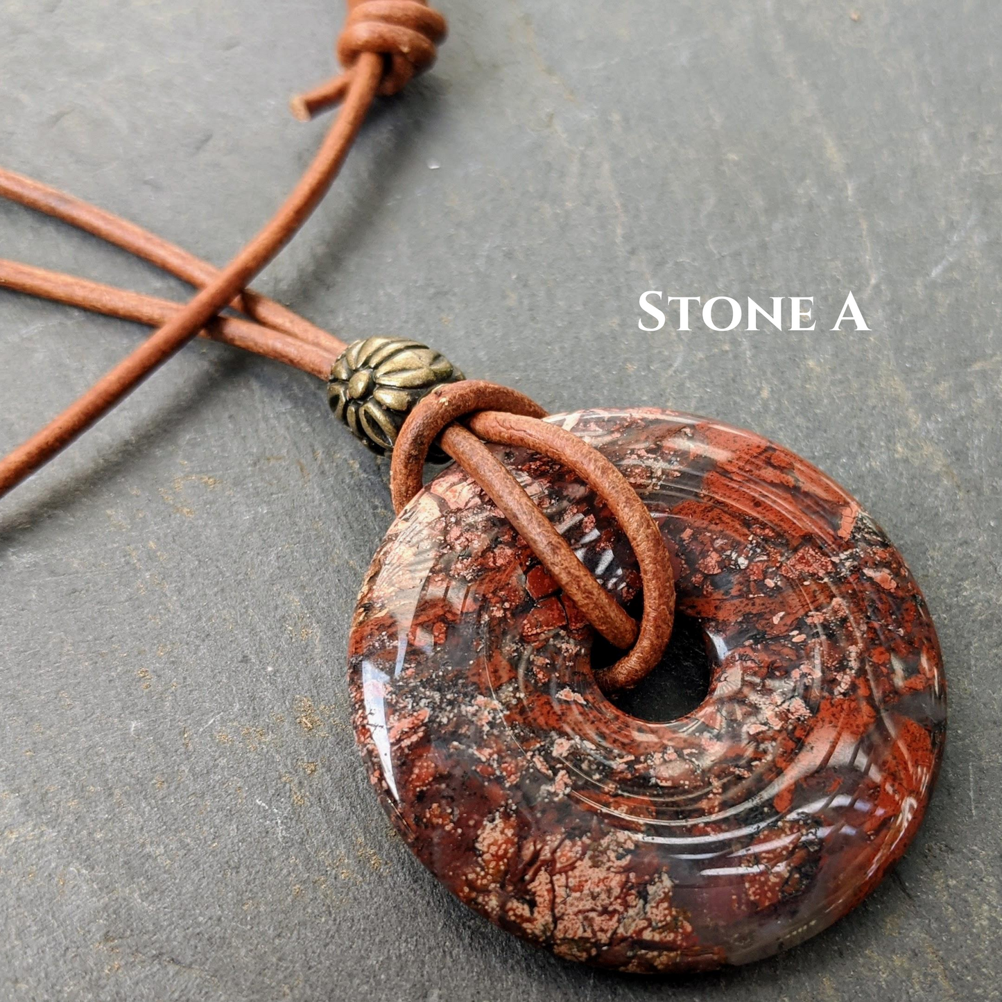 40mm Brecciated Red Jasper Stone Donut on sliding knot leather cord